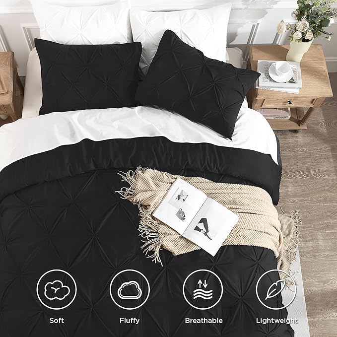 Andency Black Pinch Pleat Comforter Queen(90x90Inch), 3 Pieces(1 Pintuck Comforter and 2 Pillowcases) Pintuck Comforter Set, Microfiber All Season Down Alternative Bedding Set