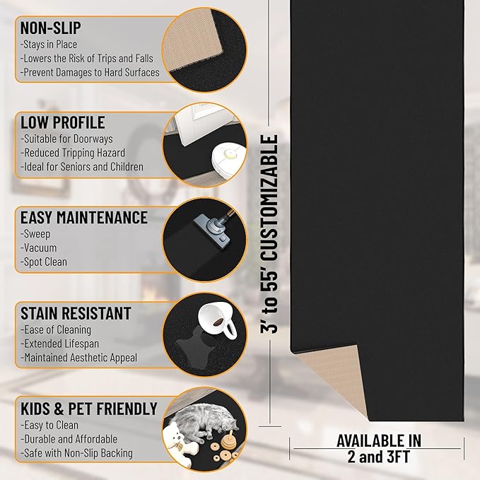 Ottomanson 2x14 Non Slip Extra Long Hallway Runner Rug with Rubber Backing - Solid Modern Kitchen Rug for Bedroom or Living Room, Black, 2' x 14'
