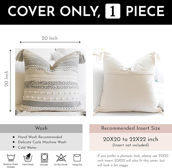 BlissBlush Gray Boho Decorative Throw Pillow Cover 20x20 Square Farmhouse Accent Cushion for Couch Sofa Livingroom Bedroom Pillowcase Modern Home Décor (Pack of 1)