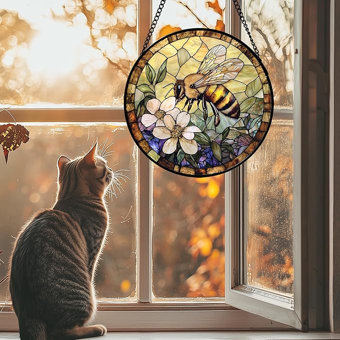 Stained Glass Window Hanging, Vintage Bee Yellow Flower Sun Catcher for Window Door Home Decor Suncatcher Christmas Mother's Day Birthday Gifts for Women Men Mom and Nana 7.8 in