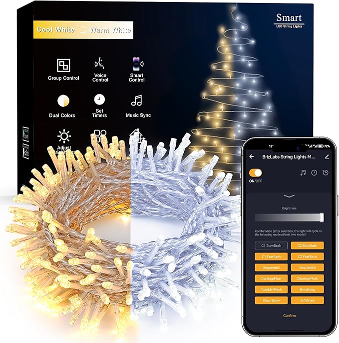 Brizled Smart Christmas Lights, 66FT 200 LED Warm White & Cool White Color Changing String Lights APP Control Fairy Light, Dimmable Music Sync Tree Light Clear Wire for Indoor Xmas Wedding Party Decor