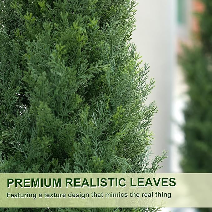 4FT Artificial Cedar Topiary Trees with Rustic Barrel Planter, Outdoor Indoor Realistic Faux Pine Shrubs Plants, Fake Cypress Trees for Home Offices Porch Decor, Set of 2