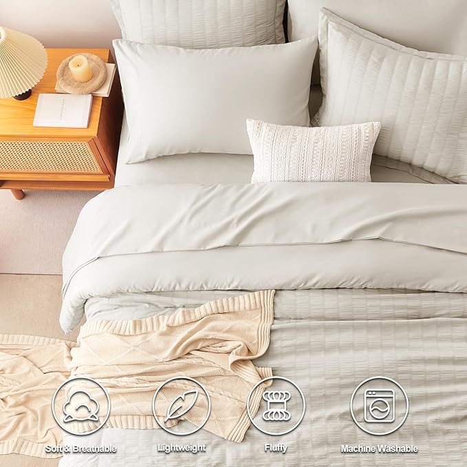CozyLux Full Size Comforter Sets with Sheets Seersucker 7 Pieces Beige Bed in a Bag Textured Luxury Soft Bedding Set with Down Alternative Comforter, Sheets, Pillowcases & Shams for All Seasons