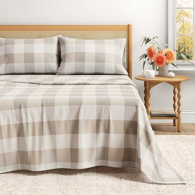 Great Bay Home Flannel Sheet Set California King Size - 100% Turkish Cotton, Double-Brushed, Printed Bed Sheets - Ultra-Soft, Cozy, 4-Piece Bedding Set (Buffalo Check - Soft Taupe/Pale Grey)