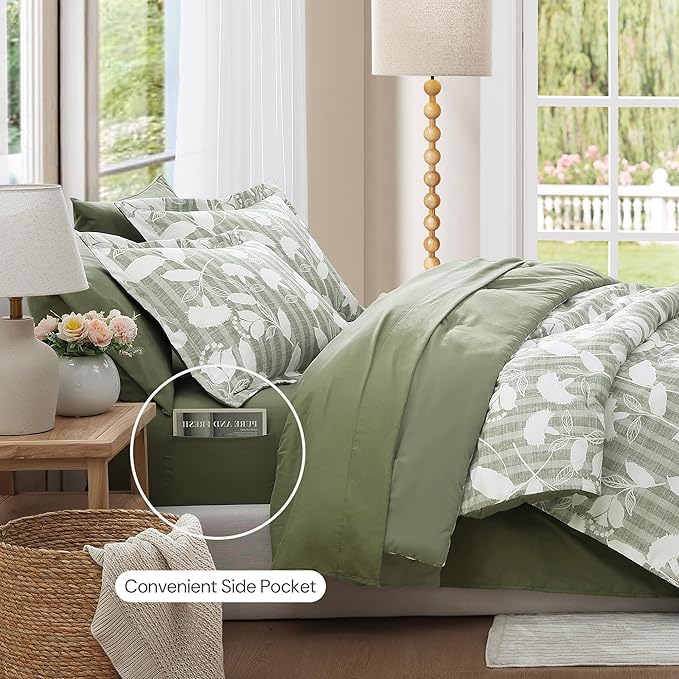 Full Comforter Set -7 Pieces Sage Green Floral Comforter Set for All Seasons, Bed in a Bag Full with Botanical Flowers Comforter, Sheets, Pillowcases & Shams