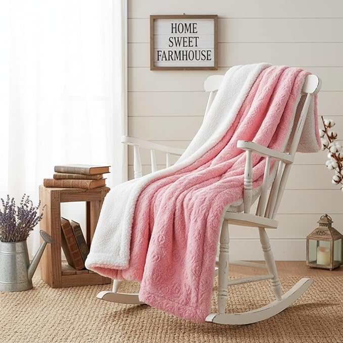 DaDa Bedding Luxury Faux Fur Throw Blanket - [ Non Shedding - Machine Washable] Fluffy Super Cuddly Soft Roses Sherpa Backside - Warm Plush for Lap or Sofa - Bright Vibrant Pink & White - 90" x 90"