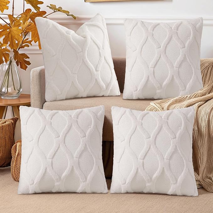 decorUhome Set of 4 Cream White Throw Pillow Covers 20x20 Inch, Neutral Decorative Soft Plush Faux Wool Couch Pillow Covers, Farmhouse Pillow Cases for Living Room Bed Sofa