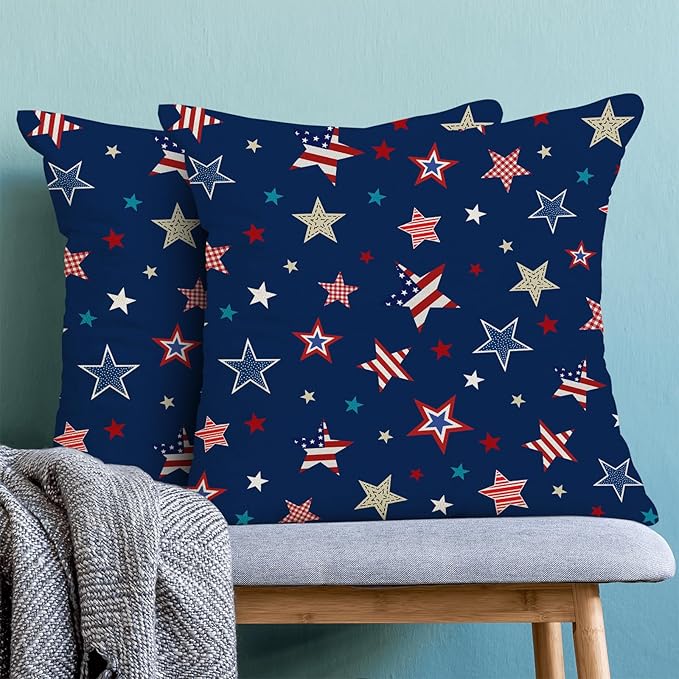 4th of July Pillow Covers 16 x 16 Inch, Blue Red Patriotic Stripes Star Decor Throw Pillows for Couch Bed, American Flag Independence Day Decorative Pillowcase Linen Cushion Cover Set of 2