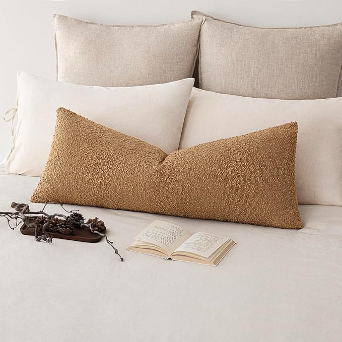 Foindtower Decorative Textured Boucle Throw Pillow Covers Accent Solid Pillow Cases Neutral Long Body Lumbar Couch Cushion Case for Chair Sofa Bedroom Living Room Home Decor 14x36 Inch,1PC,Tobacco