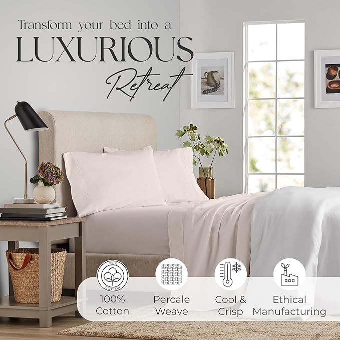 SUPREME ELEGANCE Full Size Bed Sheets Set - Natural 100% Cotton Percale Deep Pocket Full Size Sheets Set, OekoTex Made in Green Sustainable Cotton Bedding with Snug Fit, Crisp Comfy Feel, Light Pink