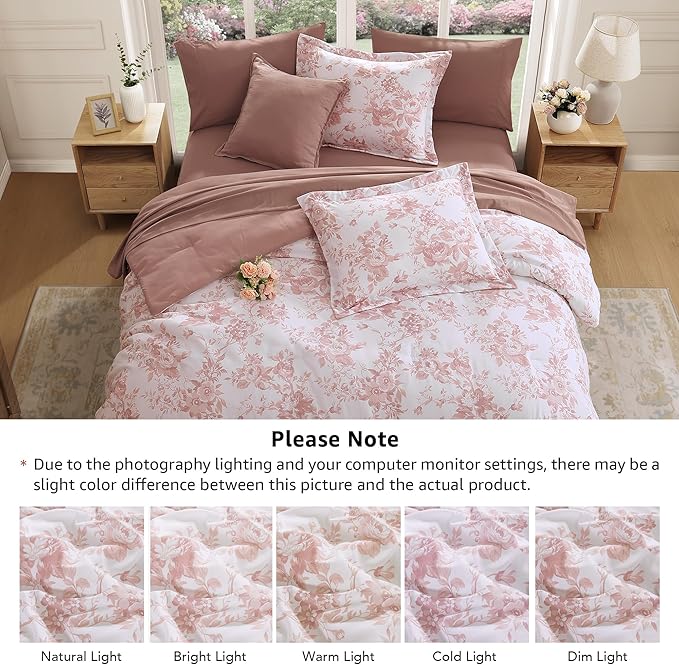 Full Comforter Set -7 Pieces Pink Floral Comforter Set for All Seasons, Bed in a Bag Full with Botanical Flowers Comforter, Sheets, Pillowcases & Shams