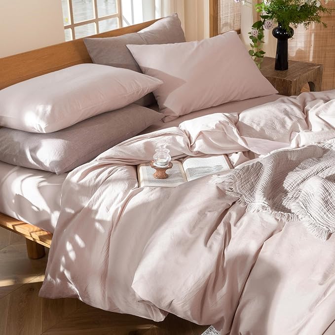 MooMee Bedding Duvet Cover Set 100% Washed Cotton Linen Like Textured Breathable Durable Soft Comfy (Heathered Greyish Pink, King 104"x90")