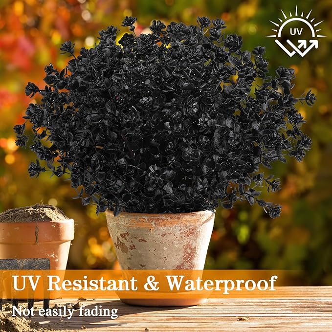 AGIRL 12 Bundles Black Artificial Flowers for Outdoor,No Fade Fake Plastic Flowers Faux Plants for Halloween Decor,Hanging Planters Decoration Indoor Outside Garden Porch Window Box Home Party