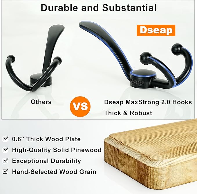Dseap Coat Rack Wall - Heavy-Duty 38-1/4" Long, with Reinforced 10 Custom Tri-Hooks, Solid Wood Wall Hanger for Coats Hat Jackets - Rustic Farmhouse Entryway Hallway Storage, Black