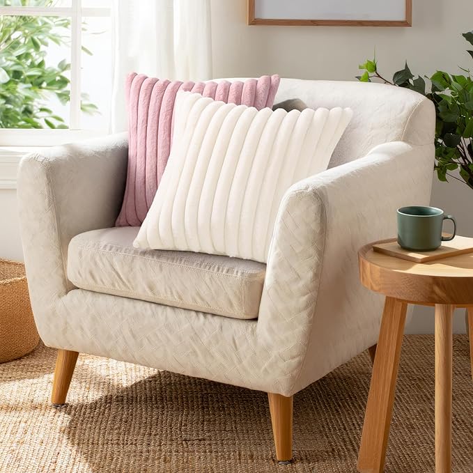 Pallene Faux Fur Plush Lumbar Throw Pillow Covers 12x20 Set of 2, Luxury Soft Fluffy Striped Decorative Pillow Covers for Sofa, Couch, Living Room, Blush Pink