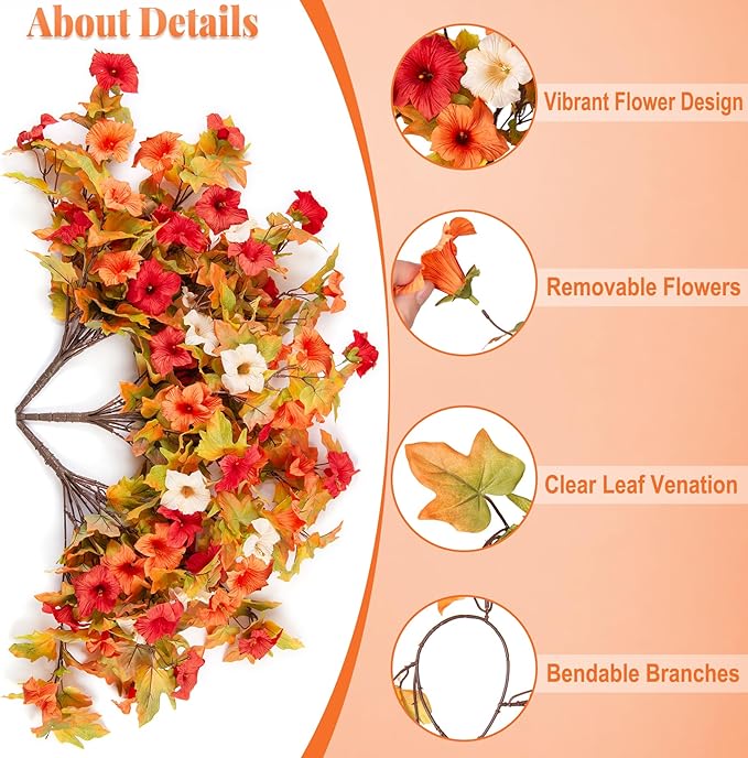 Artificial Fake Fall Flowers with Hanging Basket Plants for Outdoor Decoration, Silk Faux Flower UV Resistant Petunias for Home Porch Patio Garden Balcony Yard Decor Real Looking(Orange White)