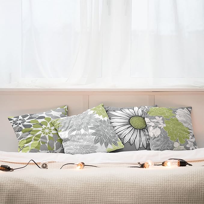 Ambesonne Floral Throw Pillow Cushion Case Pack of 4, Flower Petals Color Palette Chamomile Peony Dahlia and Sunflower, Accent Double-Sided Digital Printing, 20", Grey Pastel Green