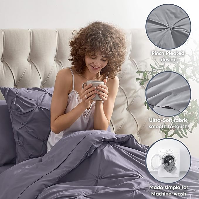 Nestl Twin Comforter Set 5 Piece - Pintuck Twin Bedding Sets Dusty Purple, College Room Essentials for Girls and Boys Bed in a Bag All Season, Comforter Set with Sheets, Pillowcase and Sham
