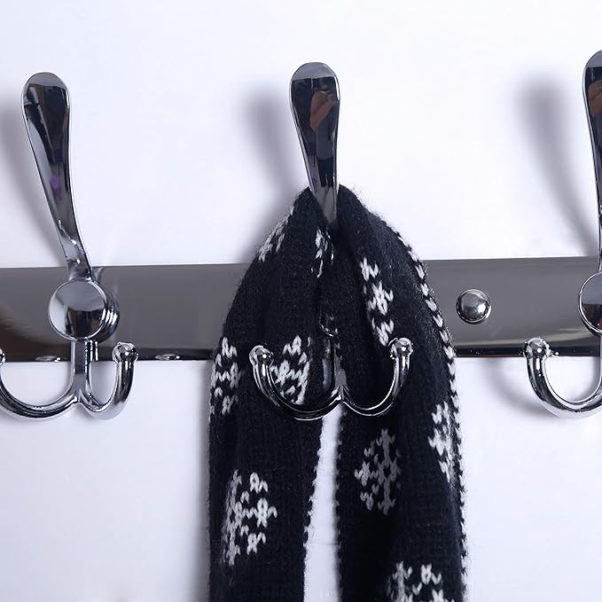 Dseap Coat Rack Wall Mount - 29.5” Long 8-Tri-Hooks Heavy Duty Coat Hanger Rail Wall Hooks for Hanging Coats Hats Clothing Clothes Purse Mudroom Entryway, Chromed, Pack of 2