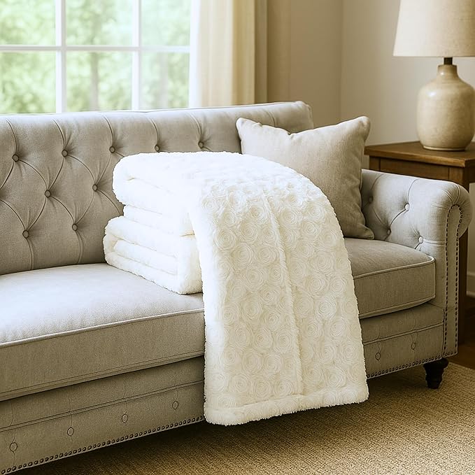 DaDa Bedding Luxury White Roses Faux Fur with Sherpa Backside Fleece Throw Blanket - Super Soft Warm Plush Luxe Solid Toss - 50" x 60"