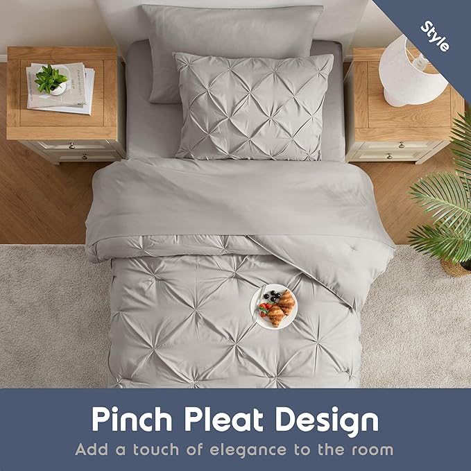 Nestl Twin Comforter Set 5 Piece - Pintuck Twin Bedding Sets Linen, College Dorm Room Essentials for Girls and Boys Bed in a Bag Twin All Season, Twin Comforter Set with Sheets, Pillowcase and Sham