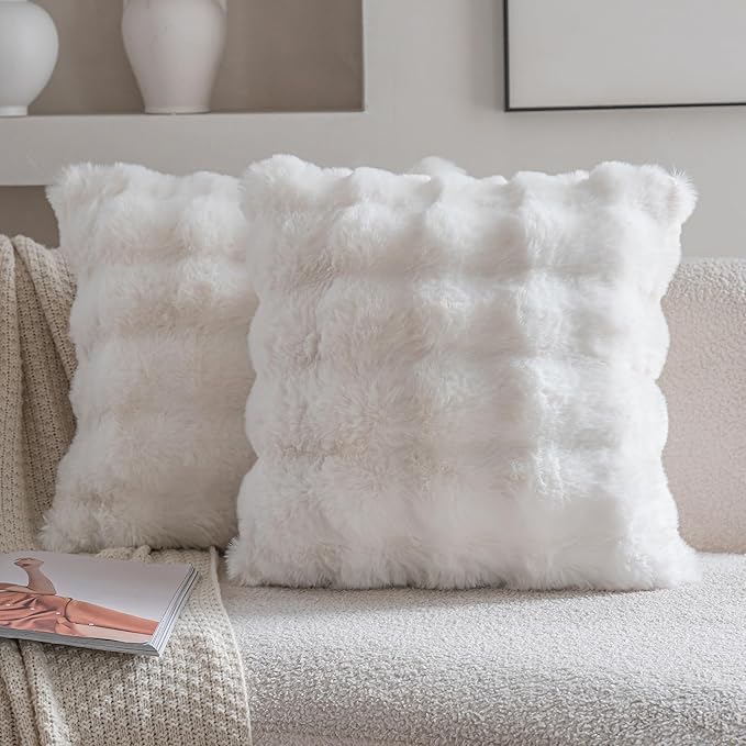 Neelvin Cream White Faux Fur Cozy Soft Double-Sided Decorative Throw Pillow Covers 24x24 inch Set of 2,Velvet Pillowcase Cushion Case for Sofa Couch
