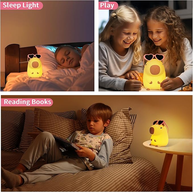 Attivolife Capybara Night Light, Sunglasses Capybara Silicone Lamp for Girls, Touch Nightlight Portable with Dim, Funny Bathroom Table Decor Birthday Xmas Gift for Women Friends（Pink Glasses）