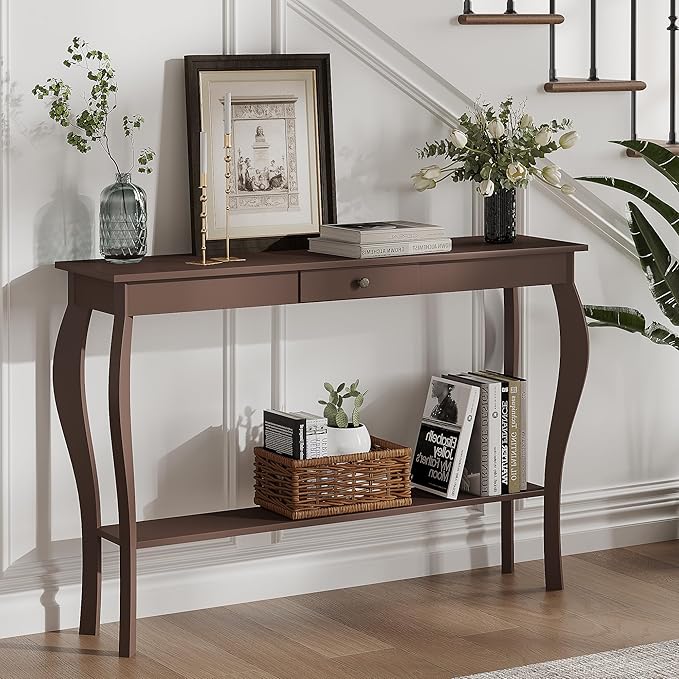 ChooChoo 47 Inch Narrow Console Table with Drawer, Chic Accent Sofa Entryway Table with Shelves for Entryway, Living Room, Hallway, Espresso