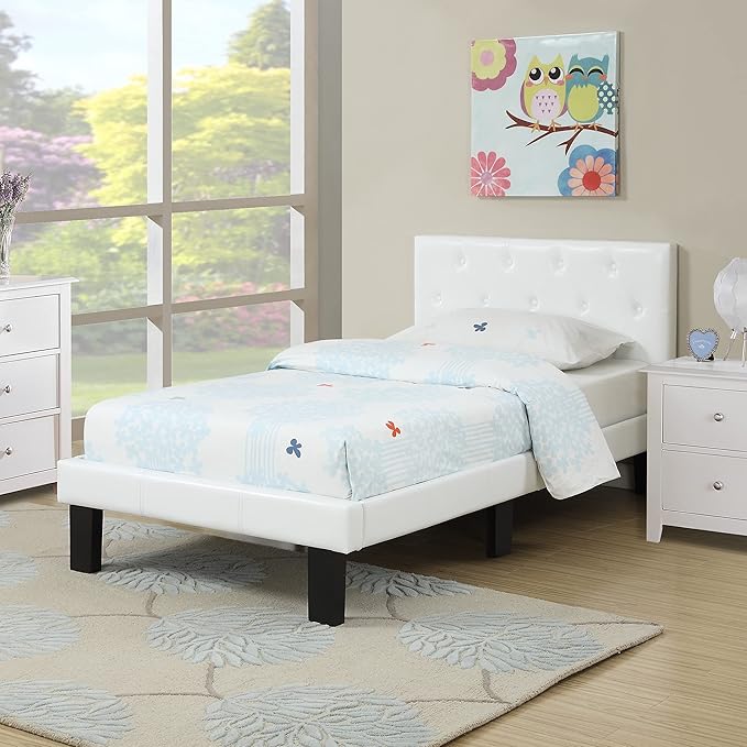 Poundex PU Upholstered Platform Bed, Twin, White