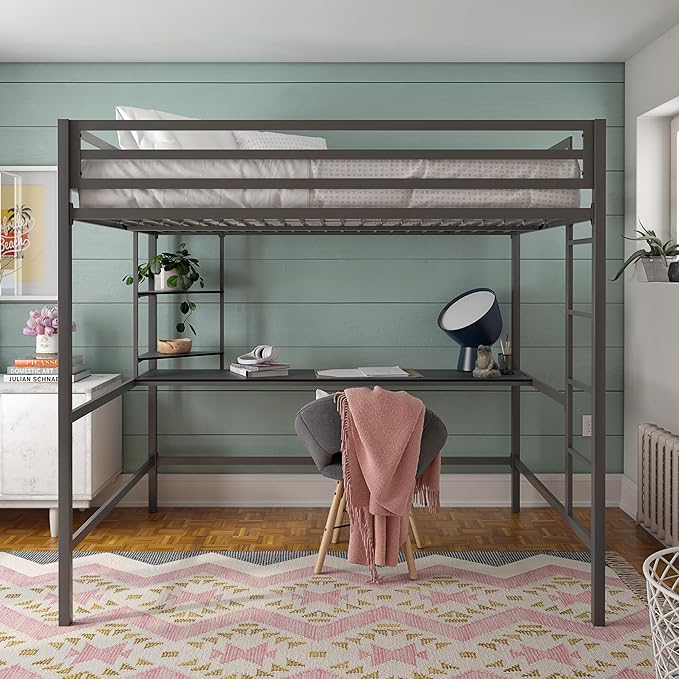 Novogratz Maxwell Metal Full Loft Bed with Desk & Shelves, Gray/Black