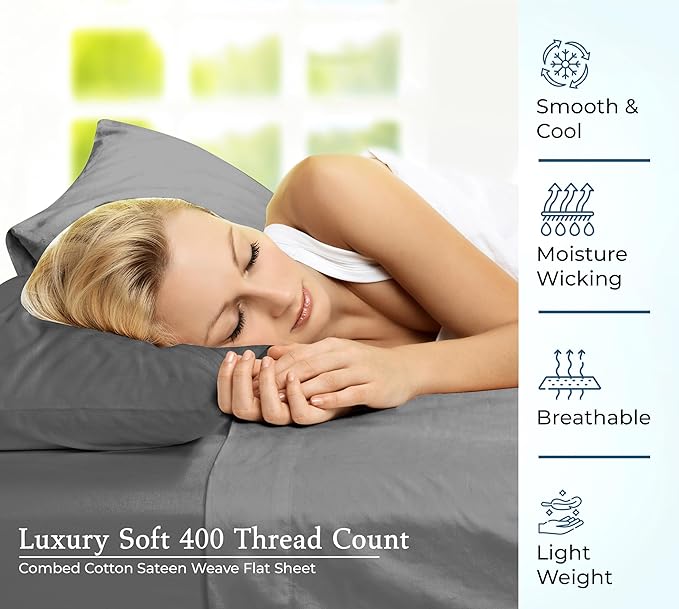 400 Thread Count 100% American Grown Cotton Grey Flat Sheet Only - Cooling Sheets - Luxury Sateen Weave - Queen Size Flat Sheet Sold Separately - Super Soft Cotton Top Sheets (Queen, Spanish Slate)