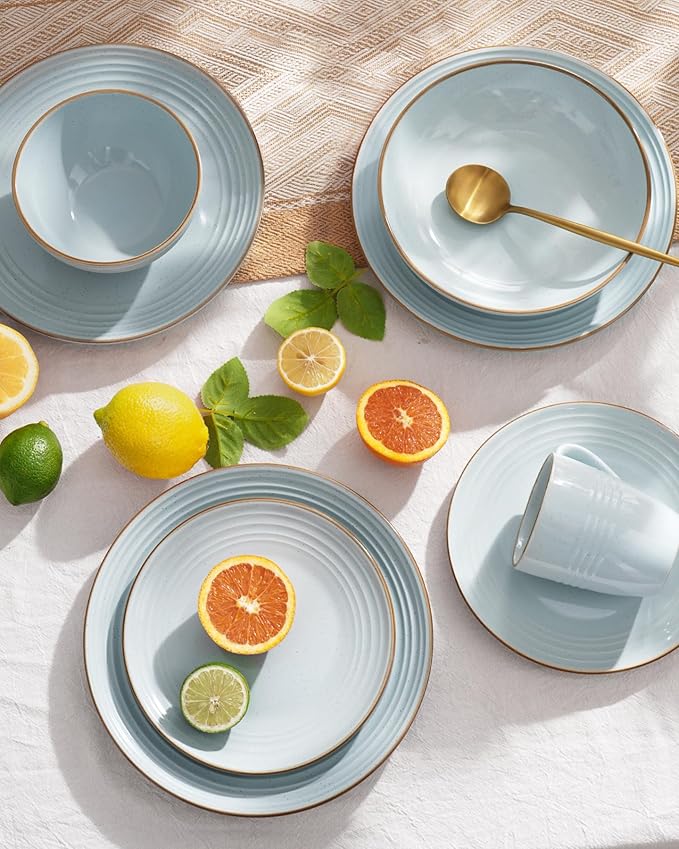 Famiware Jupiter Dinnerware Set, Plates and Bowls Dish Sets for 6 (18 Pieces), Microwave and Dishwasher Safe Stoneware Speckled Tableware, Chip and Scratch Resistant, Light Blue