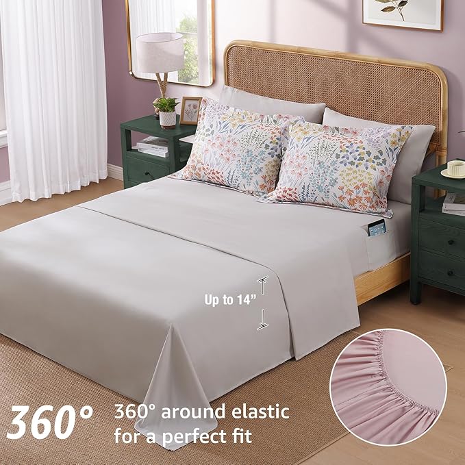 CASAAGUSTO Queen Comforter Set, 7 PCS Pinkish Floral Comforter Set with Flowers Leaves Pattern, Soft Seersucker Design All Season Queen Size Bedding Set(80"X90")