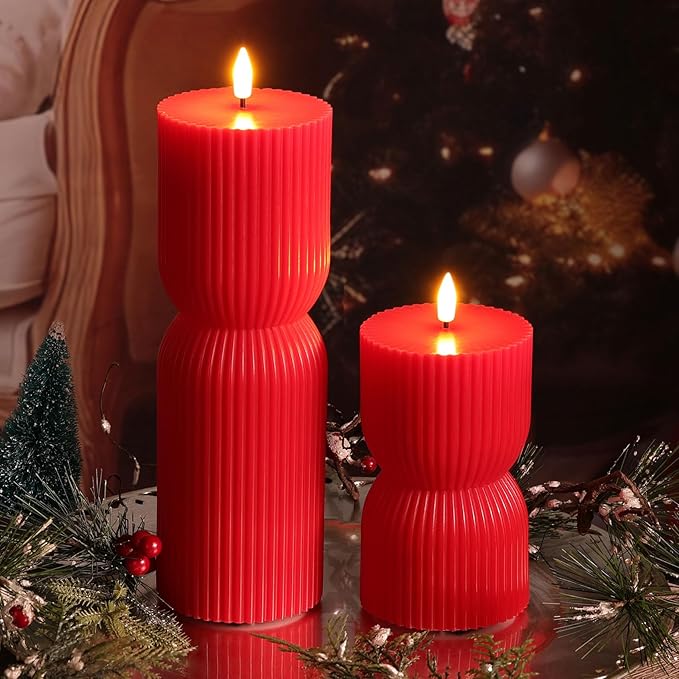 Red Ribbed Flameless Pillar Candles with Remote, Christmas LED Wax Candles Flickering Battery Powered Set of 2