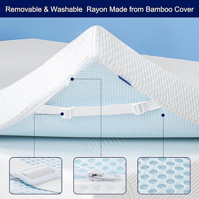 Subrtex 2 Inch Mattress Topper Cover (Only Cover) Mattress Topper Protector Bedding Rayon Made from Bamboo Removable Mattress Encasement with Zippers, CK
