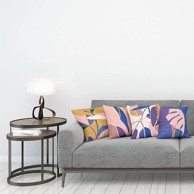 Ambesonne Exotic Throw Pillow Cushion Case Pack of 4, Tropical Themed Leaves Branches Monstera Plant Summer Vibes Pastel, Modern Accent Double-Sided Digital Printing, 18", Peach Blue Violet Mustard