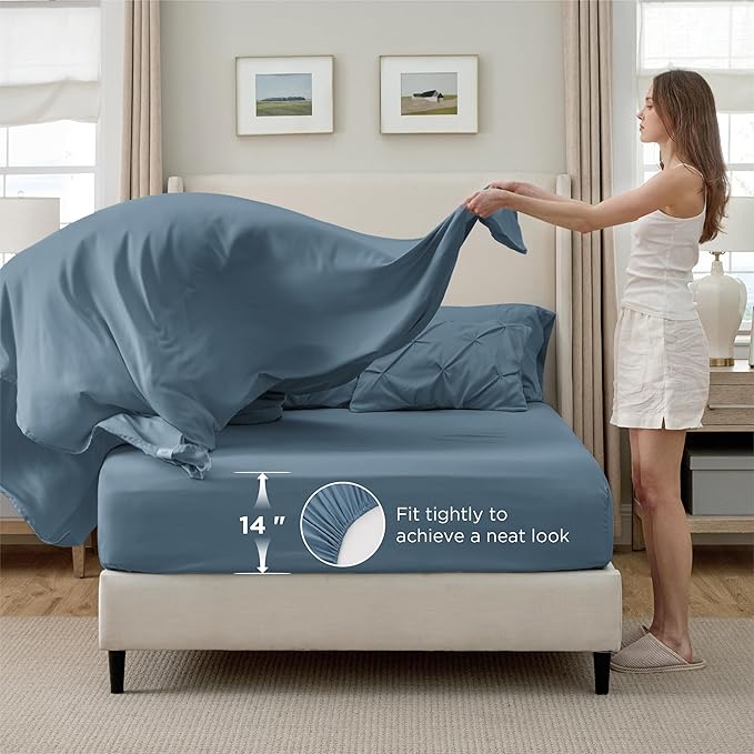 Bedsure Queen Comforter Set Mineral Blue - Bed in a Bag Queen 7 Pieces, Pintuck Bedding Sets Gift for Christmas, Pinch Pleat Bed Set with Queen Size Comforter, Sheets, Pillowcases & Shams