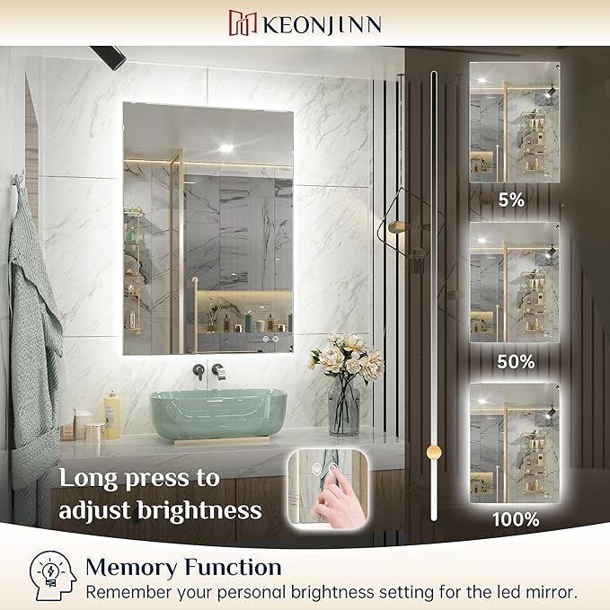 Keonjinn 40 x 32 Inch LED Bathroom Mirror with Backlit, Anti-Fog, CRI90+ HD Dimmable Vanity Mirror, High Lumen, Horizontal/Vertical Wall Mount, UL Listed Lighted Vanity Mirror, Waterproof