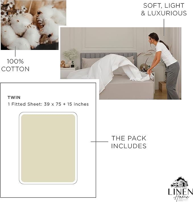 Linen Home 100% Cotton Percale Weave Fitted Sheet, Twin Size, Cream, 1 Deep Pocket Fitted Sheet, Fits Mattress Upto 16" Crisp and Cool Strong Bed Linen, 39"X75"+15"
