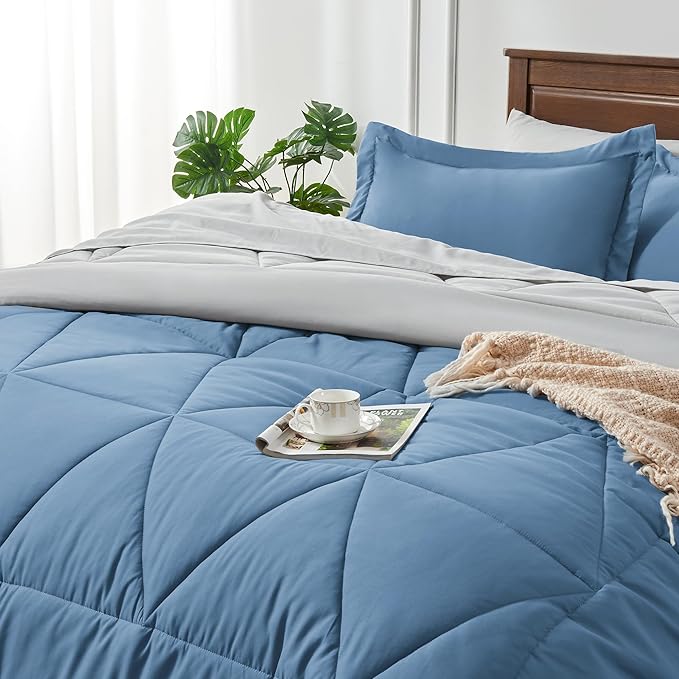 BEDELITE King Size Comforter Set 7 Pieces Bed in A Bag - Soft Microfiber Reversible Blue Bed Set with Comforters, Sheets, Pillowcases & Shams, Cozy Luxury Bedding Sets for All Season