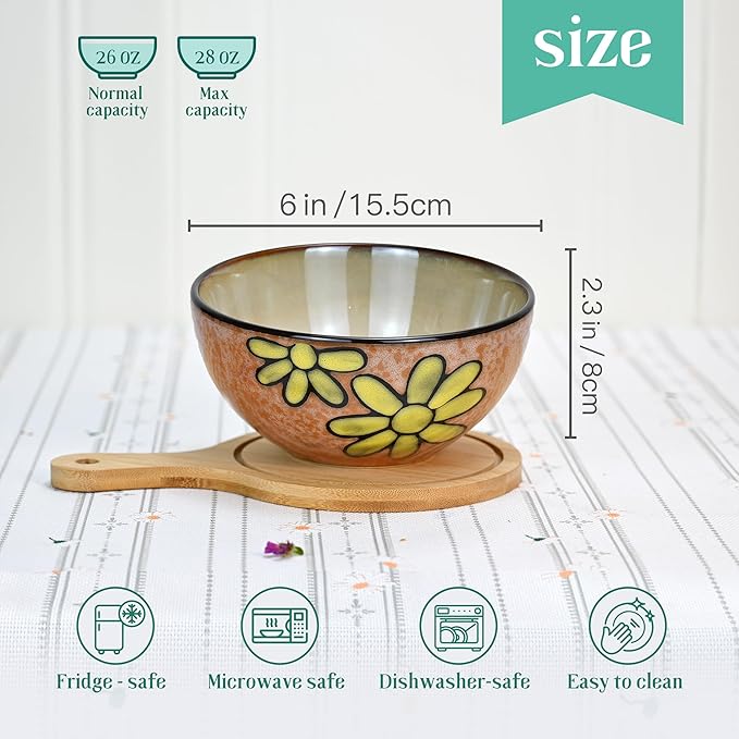 Ceramic Cereal Bowls Set of 6, Floral Design 6 inch – 28oz for Cereal, Salad, Soup, Dessert, or Snacks, Microwave, Dishwasher Safe