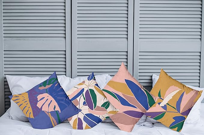 Ambesonne Exotic Throw Pillow Cushion Case Pack of 4, Tropical Themed Leaves Branches Monstera Plant Summer Vibes Pastel, Modern Accent Double-Sided Digital Printing, 18", Peach Blue Violet Mustard