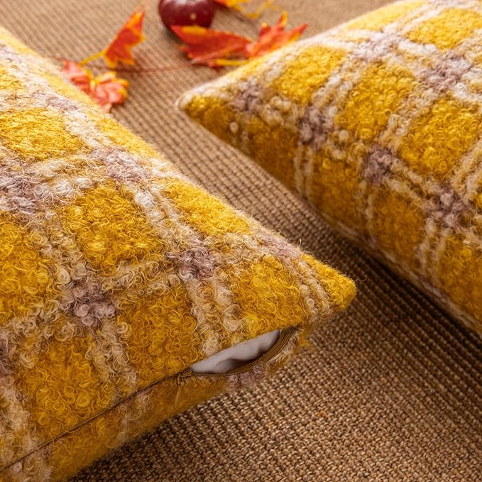 Yellow Plaid Fall Throw Pillow Covers 20x20 Inch Set of 2, Boucle Decorative Pillow Covers,Cozy Fluffy Home Living Room Farmhouse Decor for Sofa Couch Bed