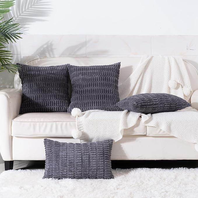 Set of 2 Corduroy Decorative Throw Pillow Covers 12x20 Inch Soft Boho Striped Couch Pillow Covers for Sofa Modern Farmhouse Neutral Home Decor Living Room Bed Dark Grey