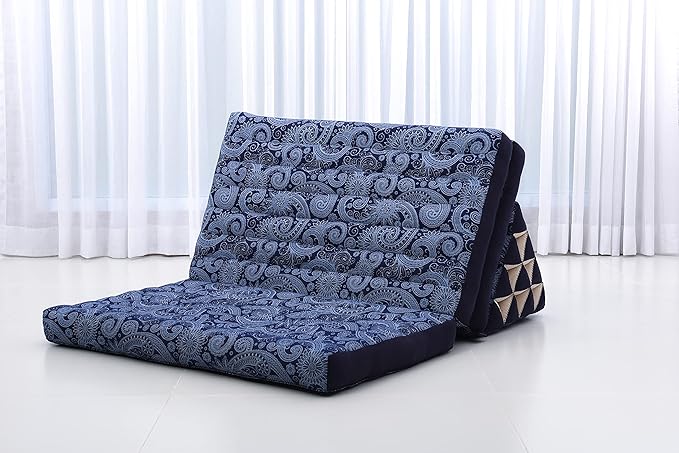 Leewadee Comfortable Japanese Floor Mattress - Thai Floor Bed with Triangle Cushion - Futon Mattress - XL Extra Wide Thai Massage Mat, 67 x 31 inches, Blue White, Kapok Filling