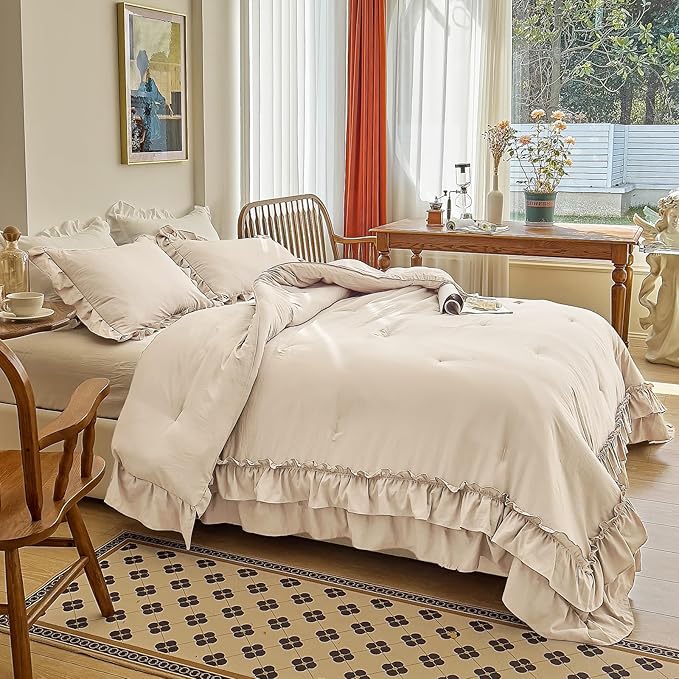 AIKASY Camel Ruffle Comforter Queen, 3 Pieces Vintage Ruffle Fringe Comforter, Farmhouse Rustic Microfiber Down Alternative Bedding Comforter Set (1 Comforter + 2 Pillow Shams)