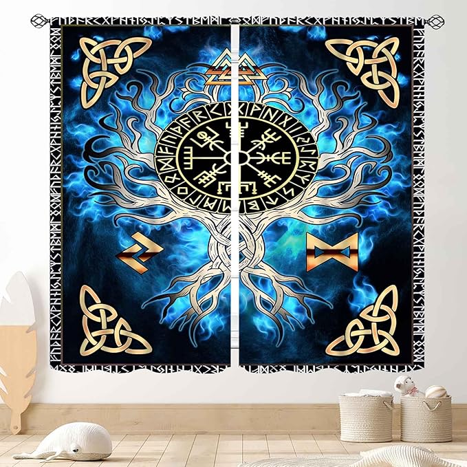 Tree of Life Curtains, Vikings Celtic Nordic Life Tree Scandinavian Aesthetic Mythology Blue Window Drapery Treatments for Bedroom Living Room Bathroom 2 Panels, 42"x63" Inch
