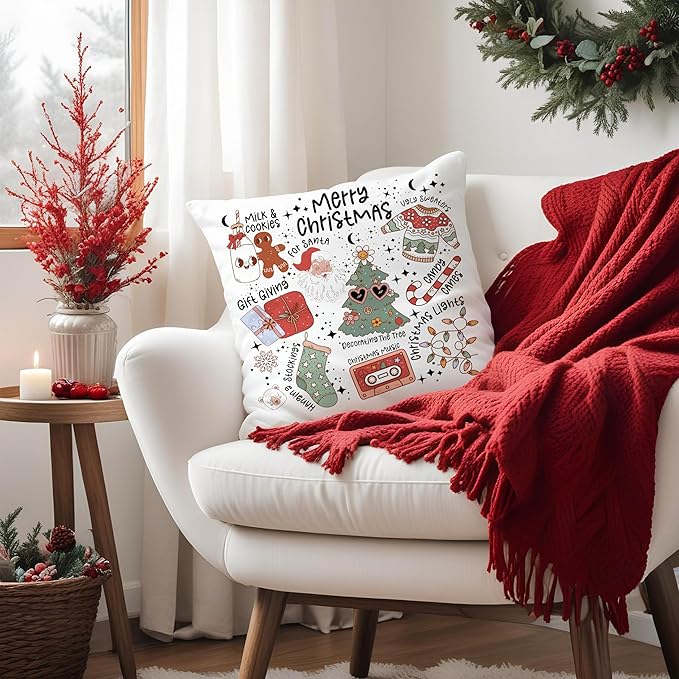 Cute Christmas Throw Pillow Covers 18x18, Retro Santa Milk Cookies Xmas Decor, Decorative Covers for Couch, Living Room Bedroom Home