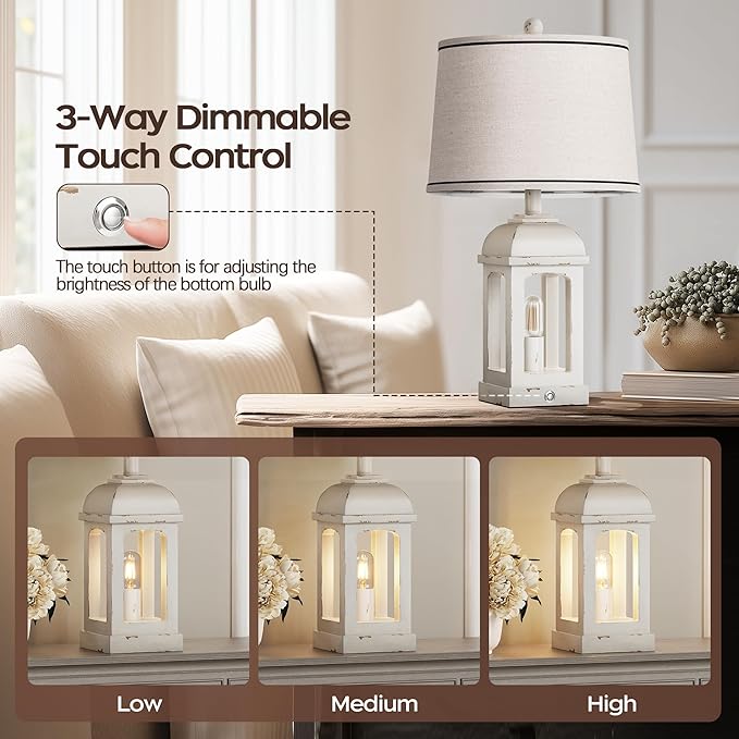 QiMH Table Lamp for Living Room, Farmhouse Lamps with USB A+C and Nightlight, 26" Rustic Bedside Lamps with 3-Way Dimmable Touch Control, Nightstand Lamp for Bedroom, Shabby White, 1 Pack