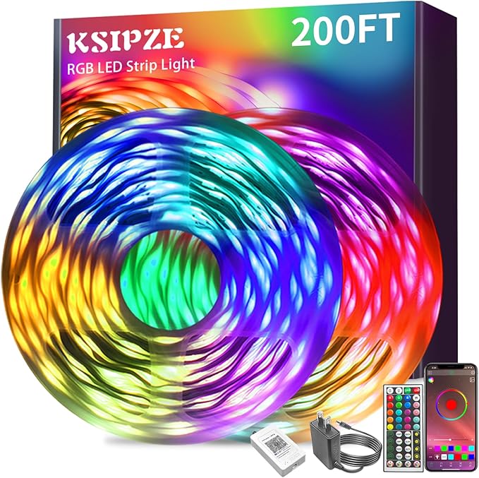 KSIPZE 200ft (2 Rolls of 100 ft) Led Strip Lights RGB Music Sync Color Changing Bluetooth Led Lights with Smart App Control Remote Led Lights for Bedroom Room Lighting Flexible Home Décor